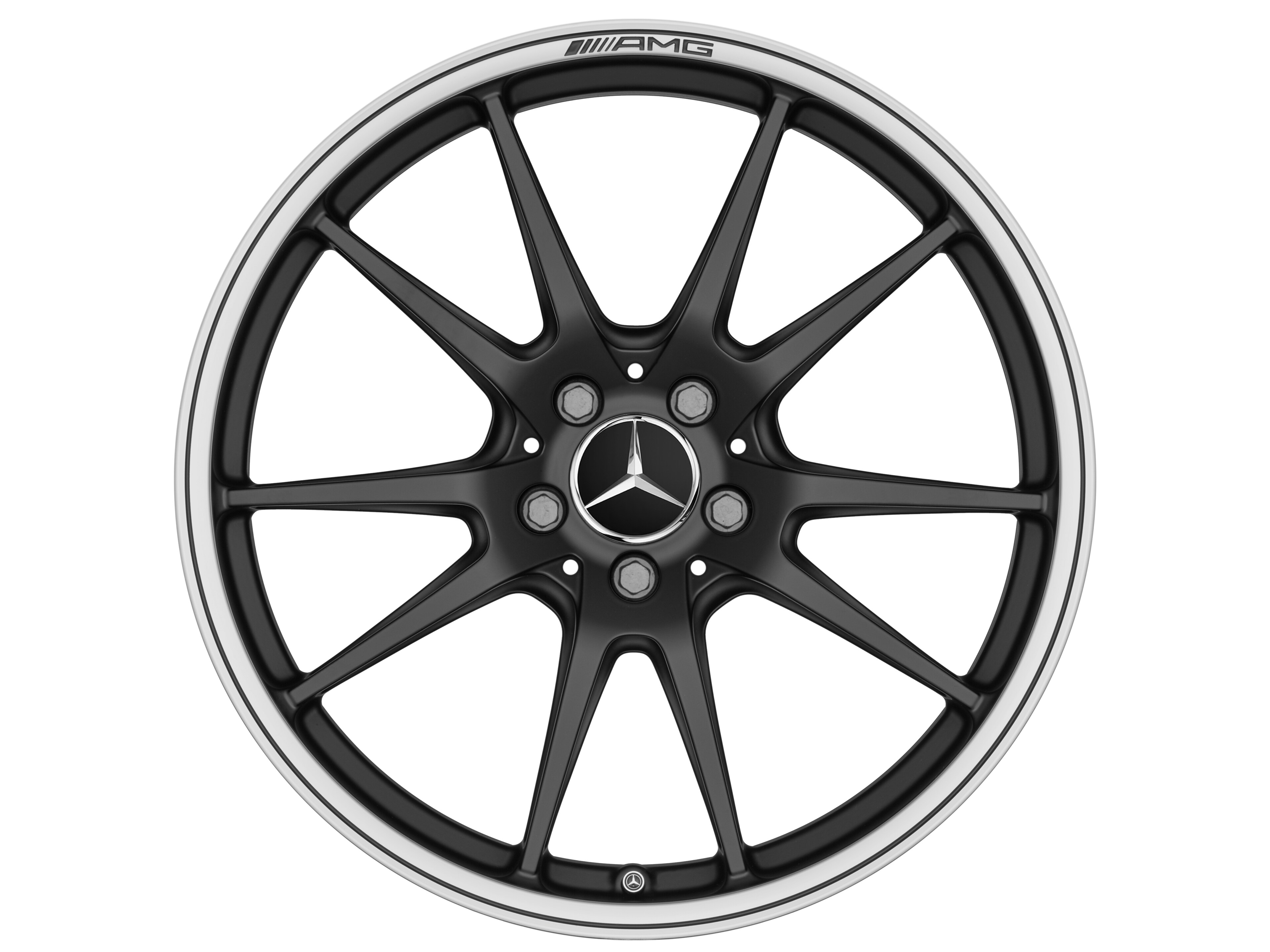 AMG Schmiederad, im 5-Doppelspeichen-Design, 48,3 cm (19 Zoll), Felgenhorn glanzgedreht - 9 J x 19 ET 25, schwarz matt, glanzgedreht