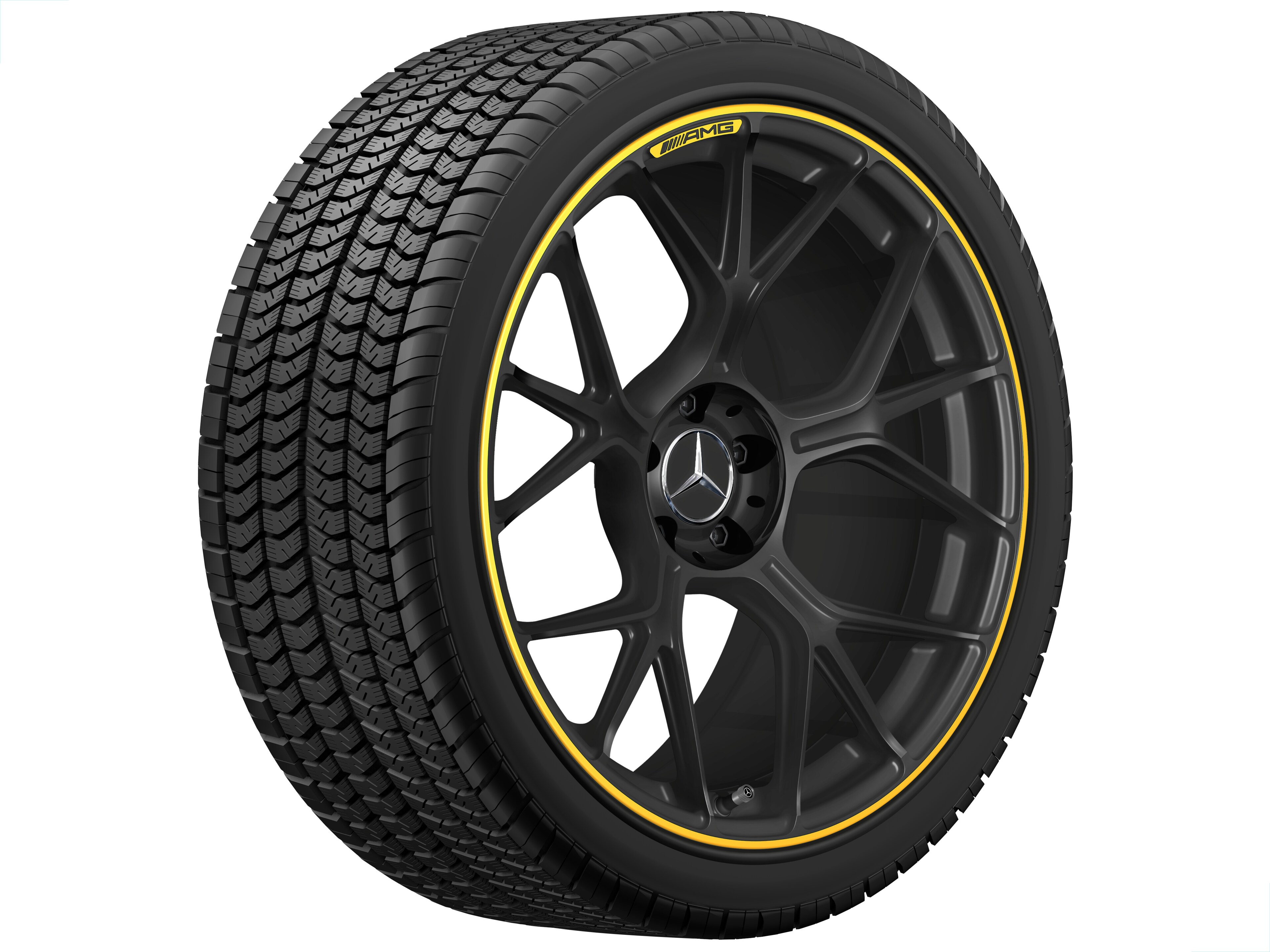 AMG Schmiederad im Kreuzspeichen-Design, 50,8 cm (20 Zoll) - 11 J x 20 ET 24,1, schwarz matt / signalgelb, glanzgedreht