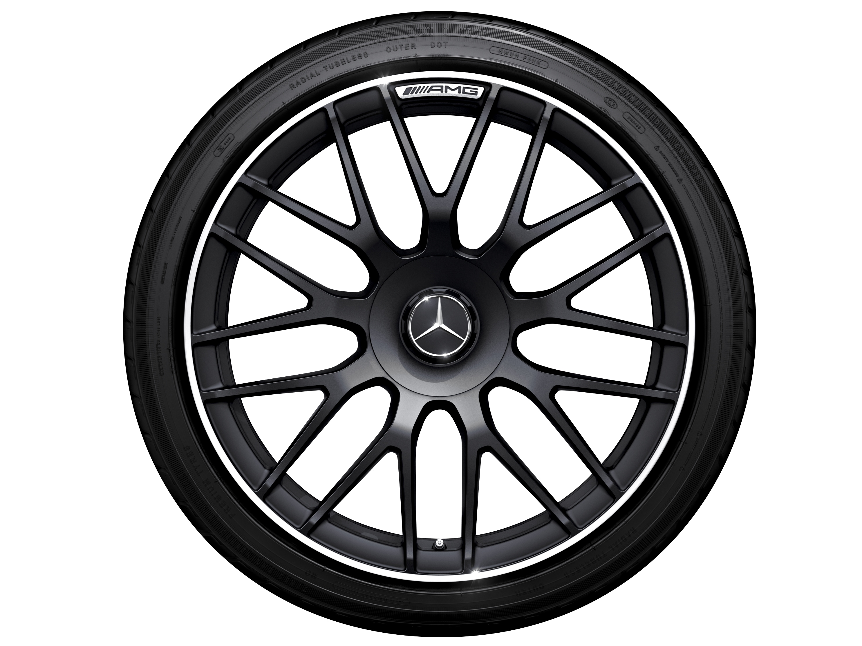 AMG Schmiederad, im Kreuzspeichen-Design, 48,3 cm (19 Zoll), Felgenhorn glanzgedreht - 9,5 J x 19 ET 56, schwarz matt