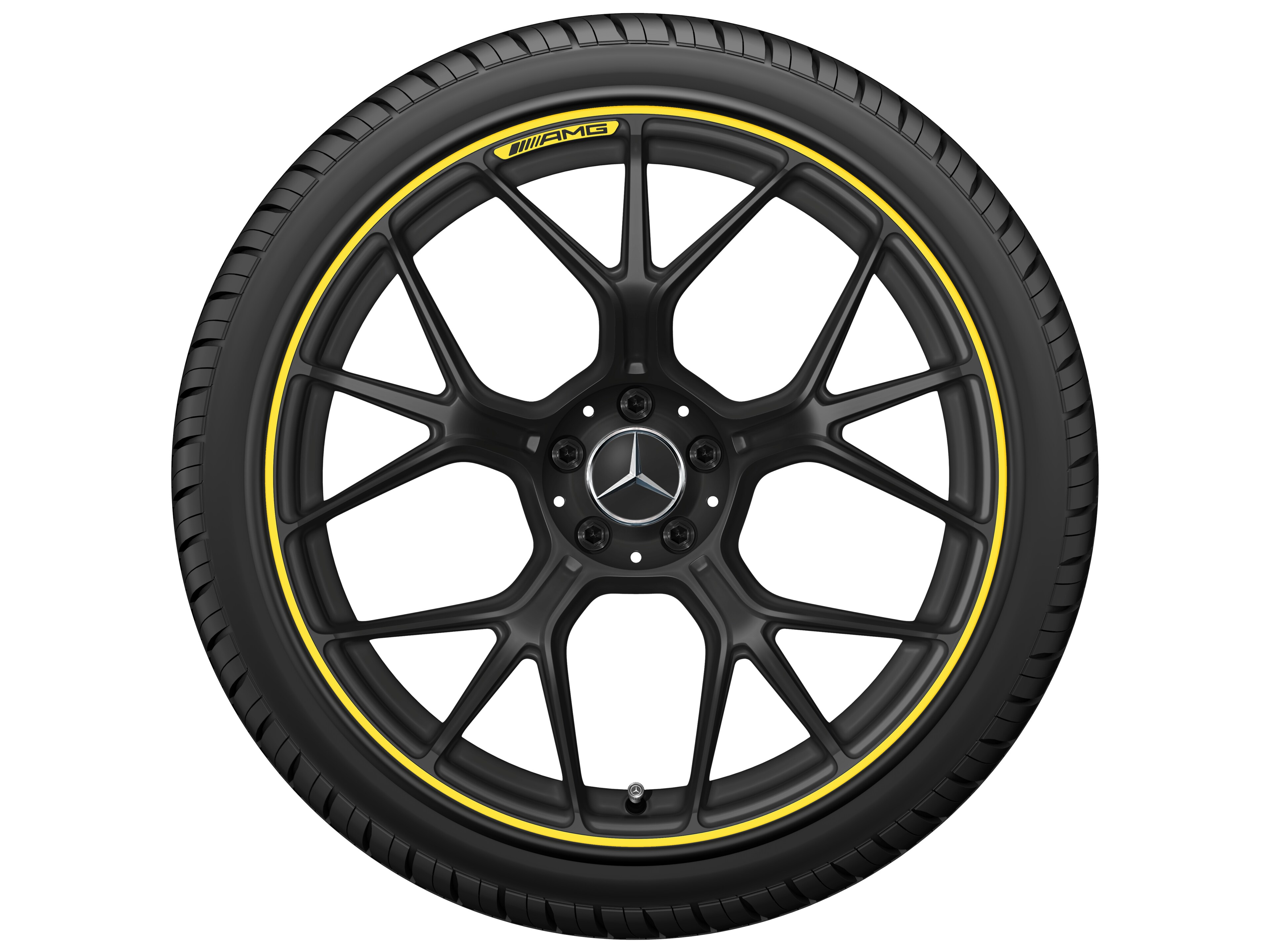 AMG Schmiederad im Kreuzspeichen-Design, 50,8 cm (20 Zoll) - 11 J x 20 ET 24,1, schwarz matt / signalgelb, glanzgedreht