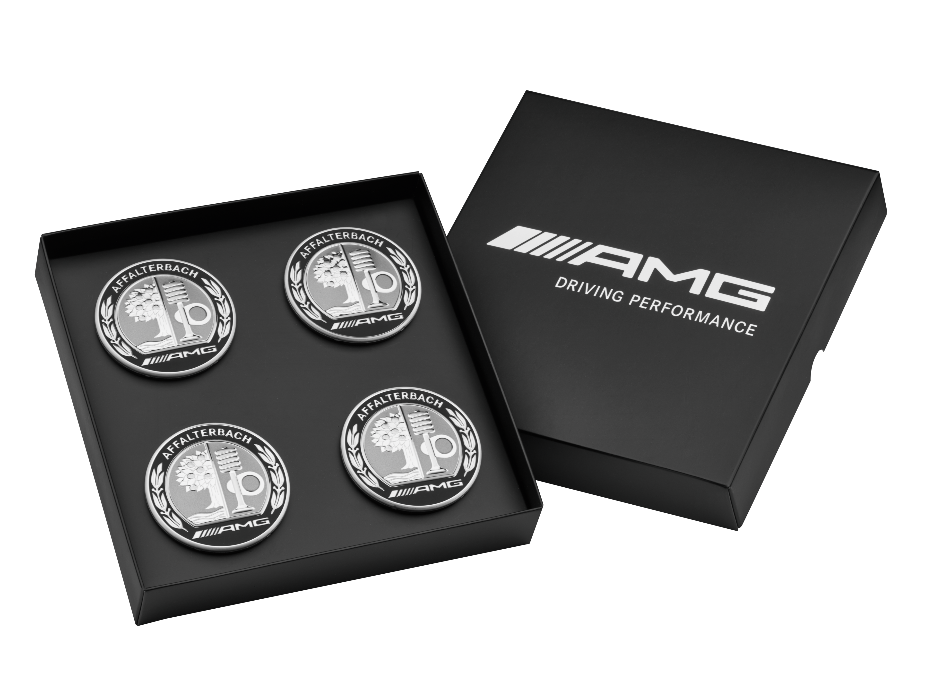 AMG Radnabenabdeckung, mit AMG Wappen, 4er Set, für Zentrierloch-Durchmesser 66,8 mm - silberfarben / schwarz
