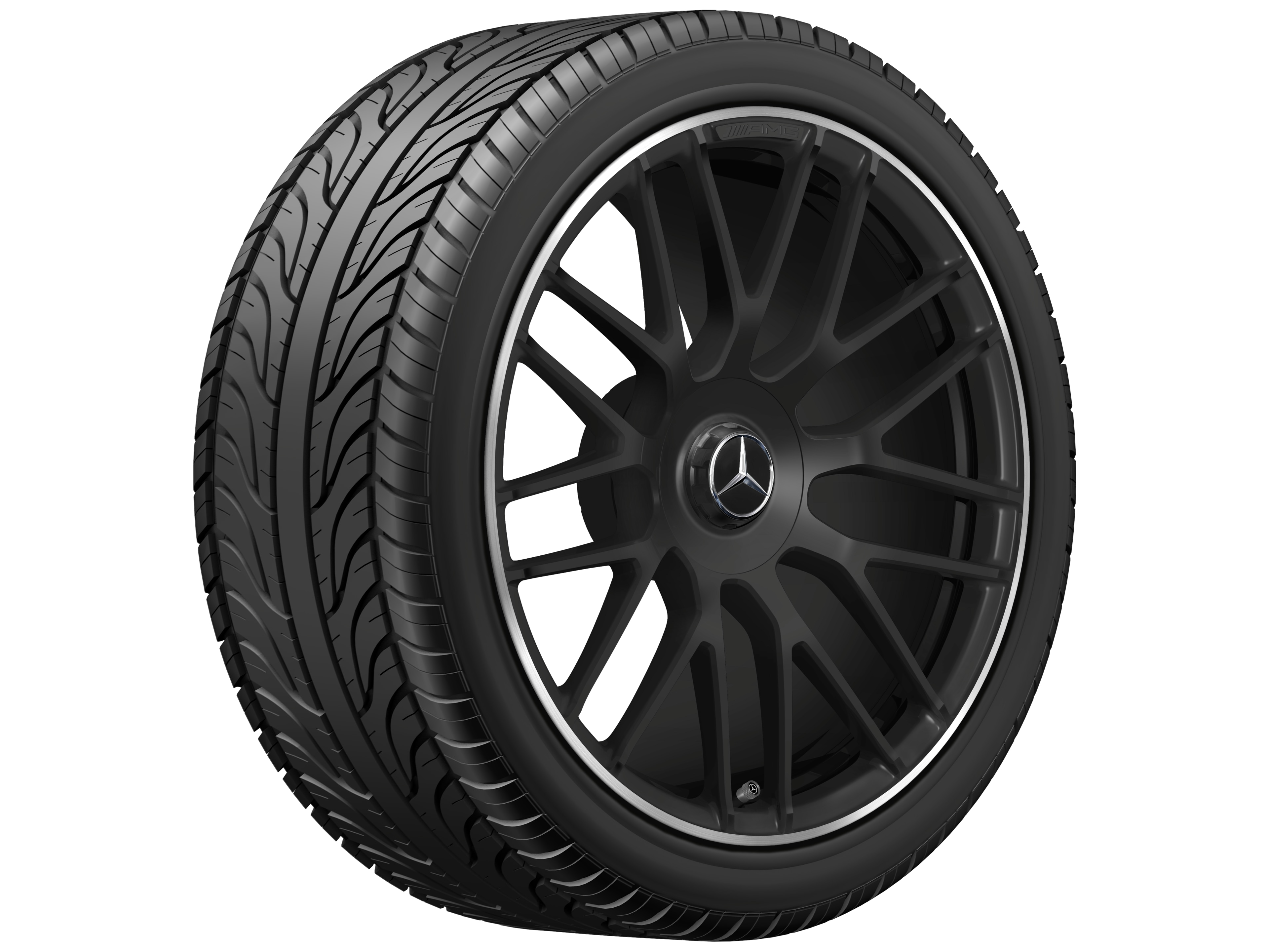 AMG Schmiederad, im Kreuzspeichen-Design, 48,3 cm (19 Zoll), Felgenhorn glanzgedreht - 8,5 J x 19 ET 38, schwarz matt, Felgenhorn glanzgedreht