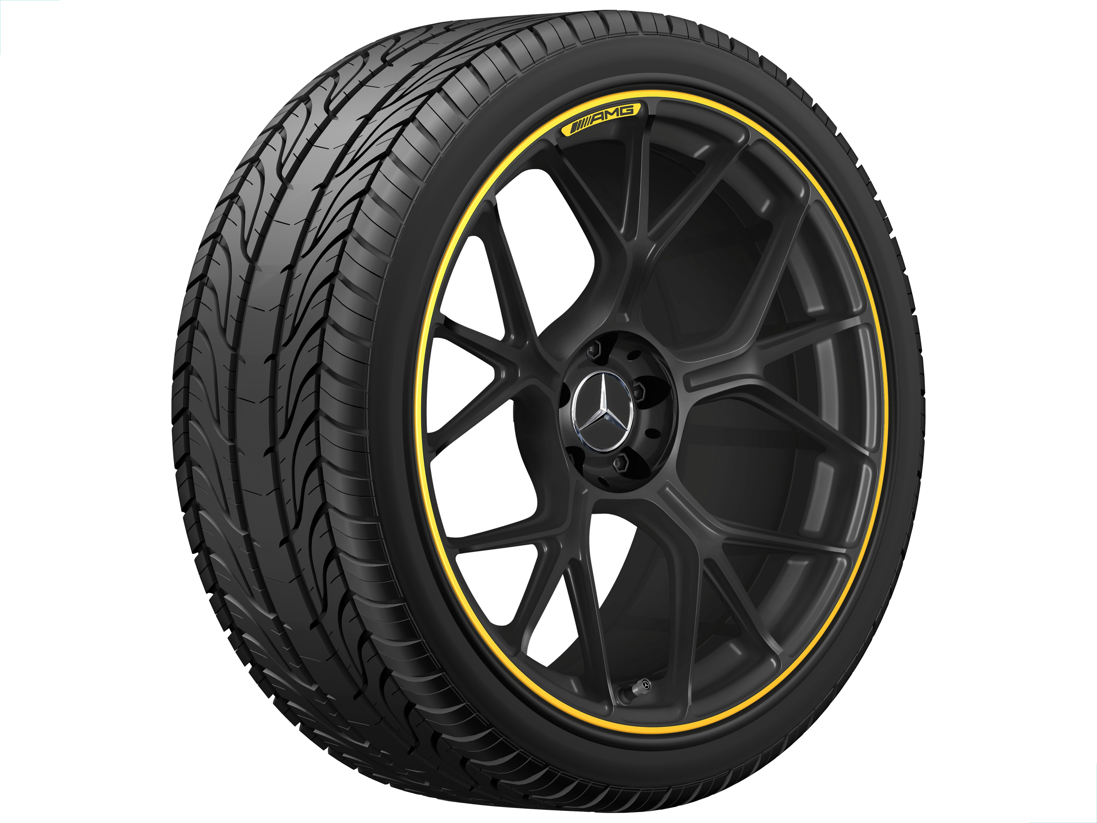 AMG Schmiederad im Kreuzspeichen-Design, 50,8 cm (20 Zoll) - 11 J x 20 ET 24,1, schwarz matt / signalgelb, glanzgedreht