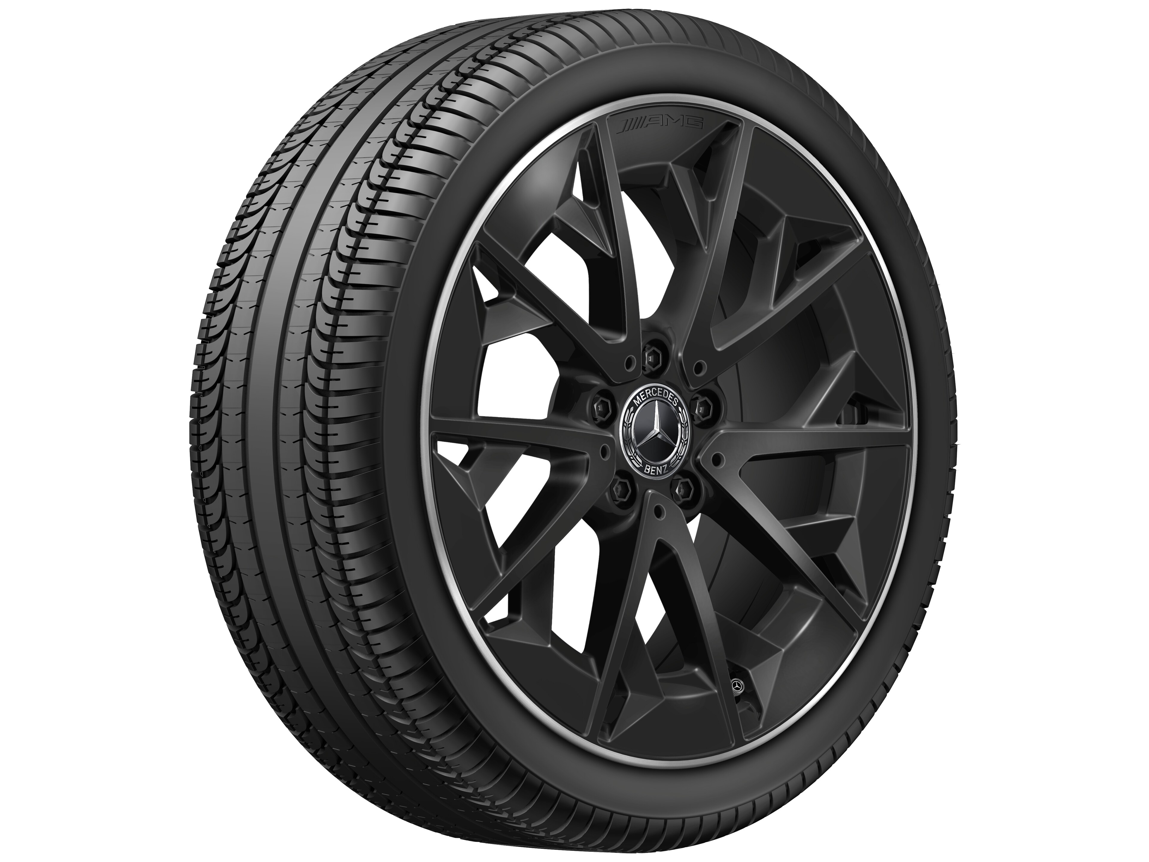 AMG Leichtmetallrad, im Kreuzspeichen-Design, 48,3 cm (19 Zoll) - 9 J x 19 ET 66, schwarz matt, Felgenhorn glanzgedreht