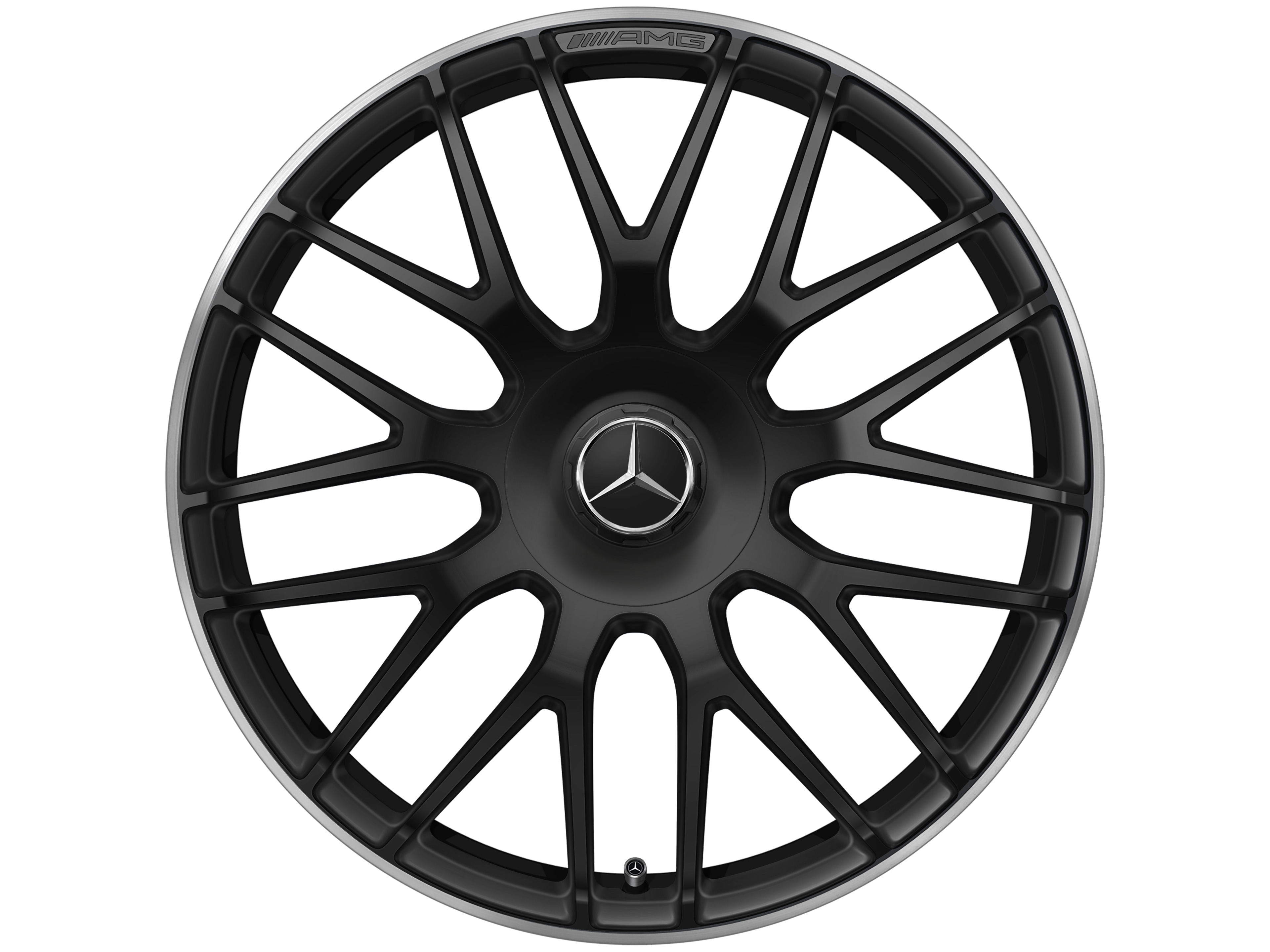 AMG Schmiederad, im Kreuzspeichen-Design, 48,3 cm (19 Zoll), Felgenhorn glanzgedreht - 8,5 J x 19 ET 38, schwarz matt, Felgenhorn glanzgedreht