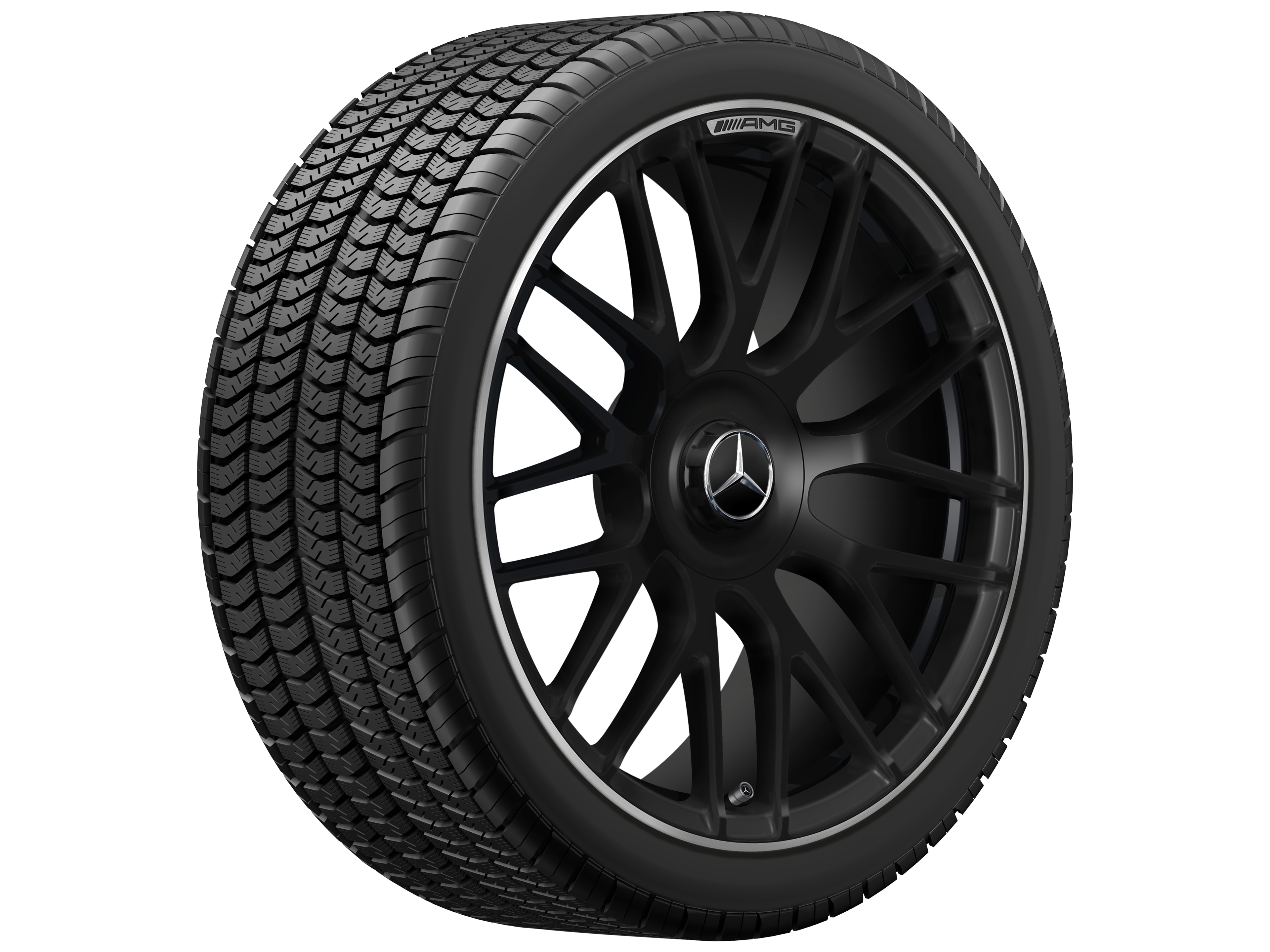 AMG Schmiederad, im Kreuzspeichen-Design, 48,3 cm (19 Zoll), Felgenhorn glanzgedreht - 8,5 J x 19 ET 38, schwarz matt, Felgenhorn glanzgedreht