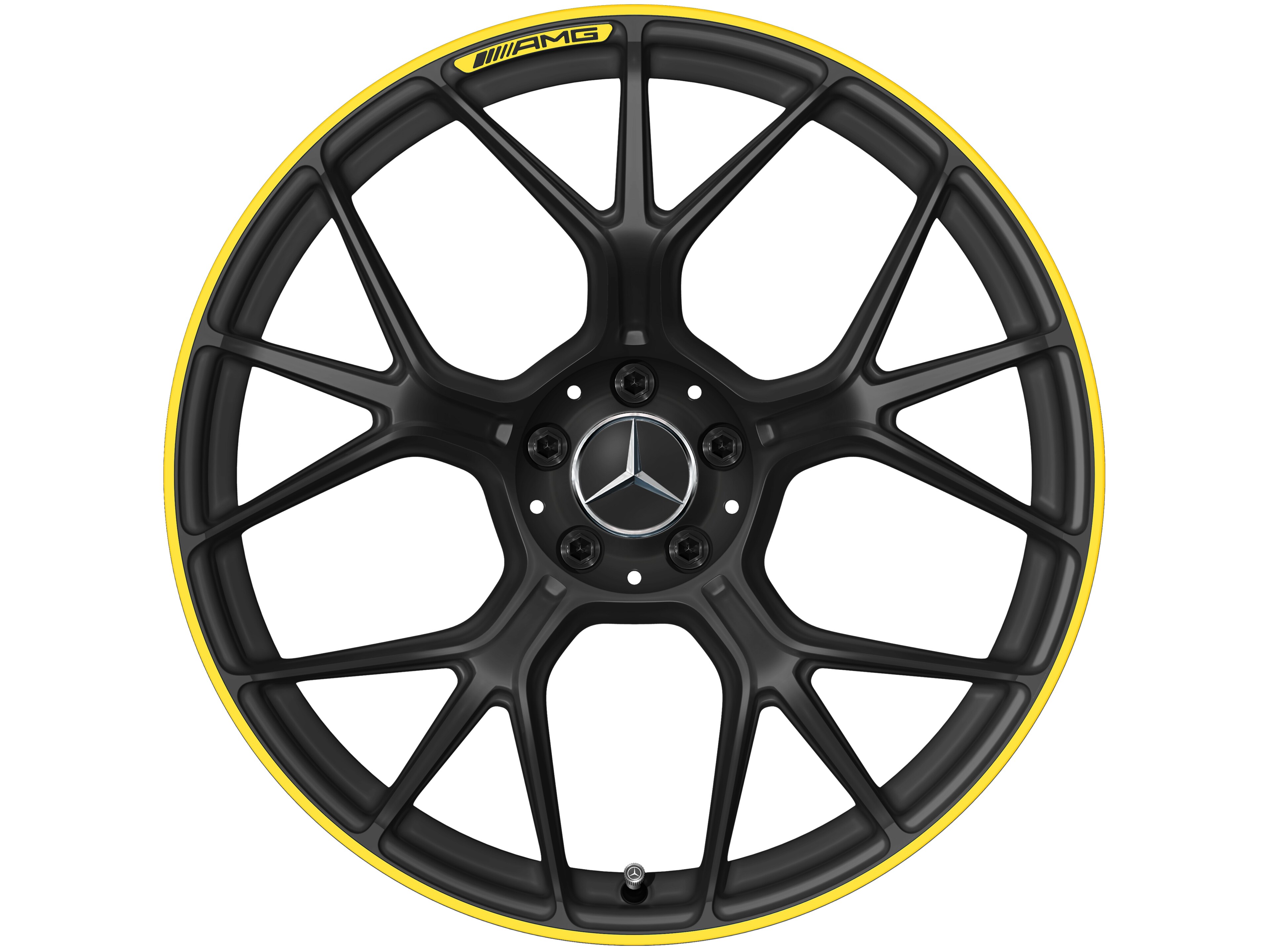 AMG Schmiederad im Kreuzspeichen-Design, 50,8 cm (20 Zoll) - 11 J x 20 ET 24,1, schwarz matt / signalgelb, glanzgedreht