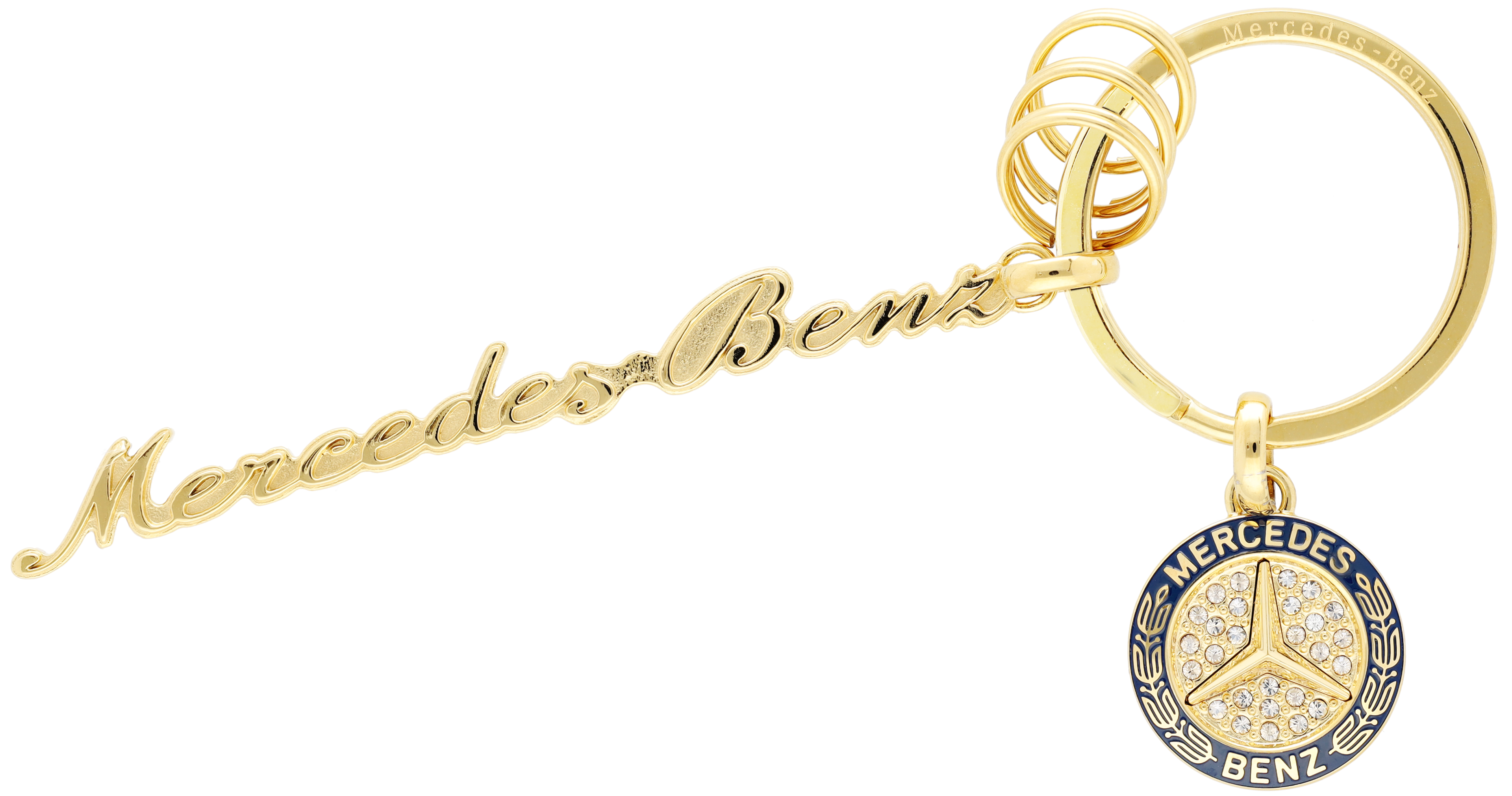 Schlüsselanhänger, Mercedes Classic Schriftzug - gelbgoldfarben / blau, Edelstahl / Kristallglas, poliert